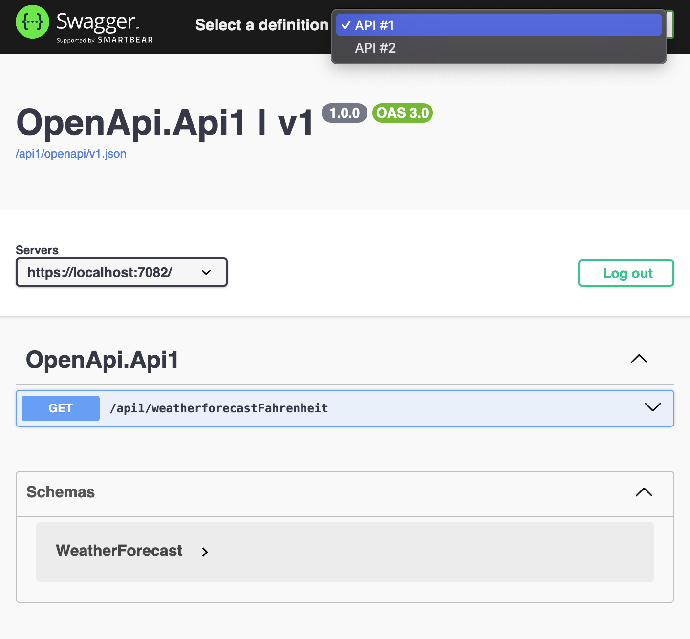 Swagger UI with backend-for-frontend and two OpenAPI specs